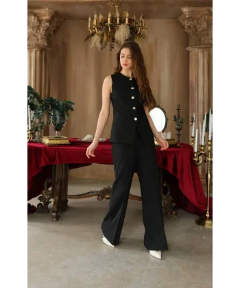 Gold Düğme Yelek Pantolon Takım - Siyah