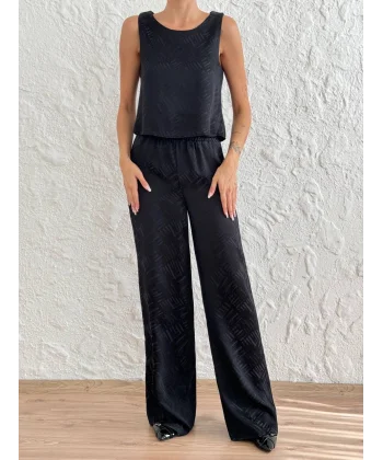 Jakarlı Siyah Saten Takım