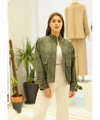 Çiçek Nakışlı Kol Kemerli Ceket-Haki