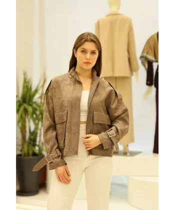 Çiçek Nakışlı Kol Kemerli Ceket-Vizon