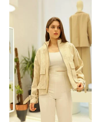 Çiçek Nakışlı Kol Kemerli Ceket-Taş