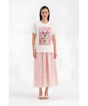 Önü Boncuk Nakış Detaylı Beyaz Tshirt