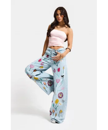Gül Çiçek Nakış Detaylı Özel Tasarım Palazzo Fit Denim Jean