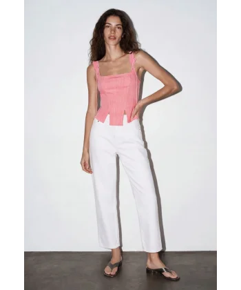 Askı Detaylı Keten Corse Bluz-Pembe