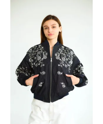 Boncuk İşlemeli Denim Bomber Mont-Lacivert
