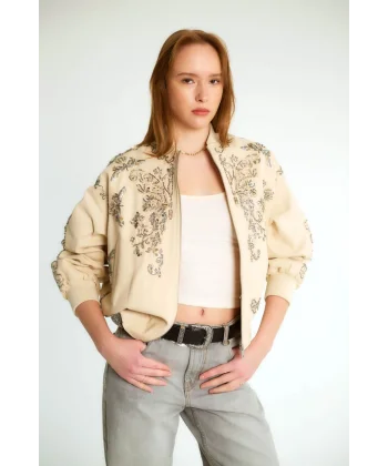 Boncuk İşlemeli Denim Bomber Mont-Bej
