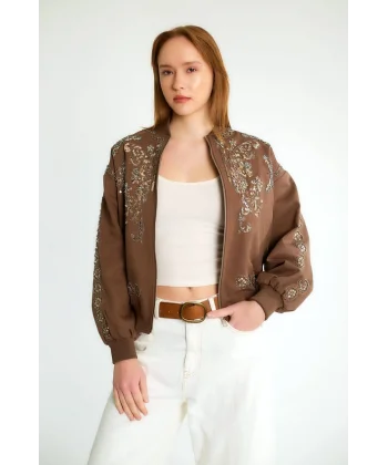Boncuk İşlemeli Denim Bomber Mont-Kahverengi