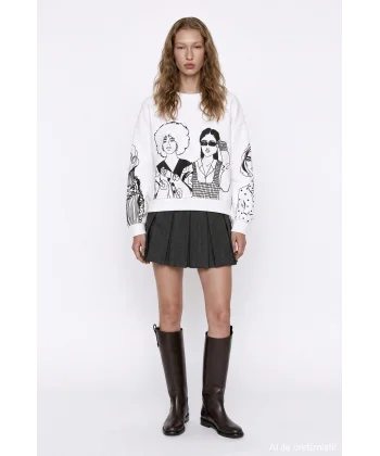 Portre Baskılı Bisiklet Yaka Sweatshirt Ekru