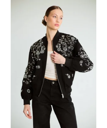 Boncuk İşlemeli Denim Bomber Mont-Siyah