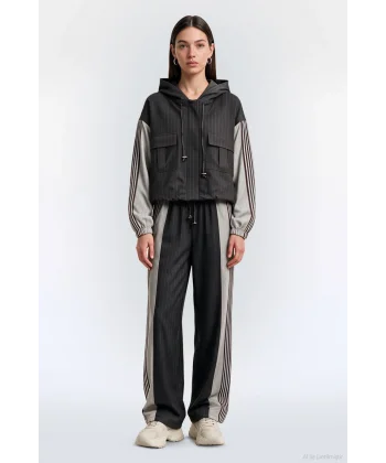 Çizgili Kapüşonlu Oversize Ceket Kahverengi