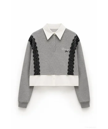 Dantel Detaylı Sweatshirt Gri Melanj