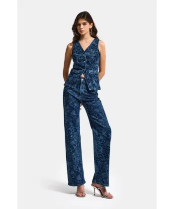 Önü Düğmeli Çiçek Desenli Parlak Taşlı Tasarım Mavi Denim Yelek