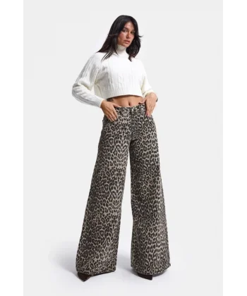 Leopar Desen Palazzo Fit Özel Denim Jean