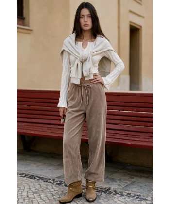 Beli Lastikli Kadife Pantolon-Camel