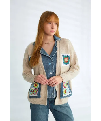 İşlemeli Denim Detay Uzun Hırka-Taş