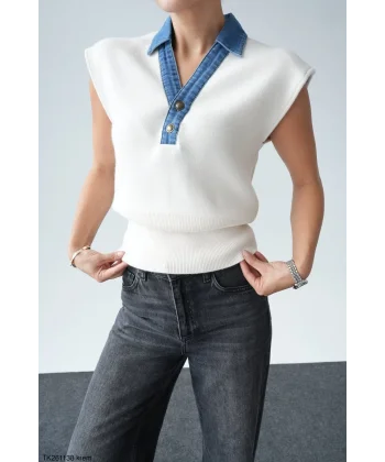 Denim Yaka Kolsuz Kazak-Krem