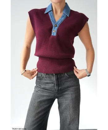 Denim Yaka Kolsuz Kazak-Bordo