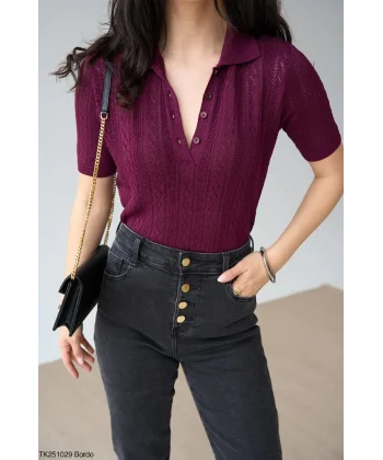 Ajurlu Kısa Kol Kazak-Bordo