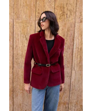 Alpaka Doku Kemerli Bordo Peluş Ceket