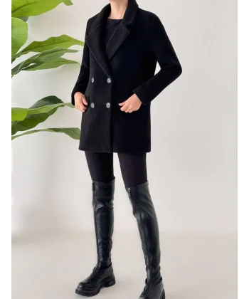 ANGORA DOKULU KISA KABAN SİYAH