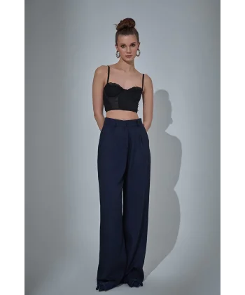 Bol Paça Palazzo Kumaş Pantolon Lacivert