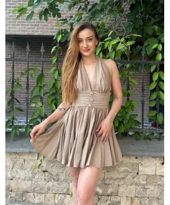 Boyundan Bağlamalı Gold Detaylı Drapeli Mini Elbise- Bej