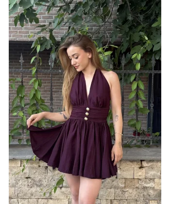 Boyundan Bağlamalı Gold Detaylı Drapeli Mini Elbise- Mürdüm/Mor