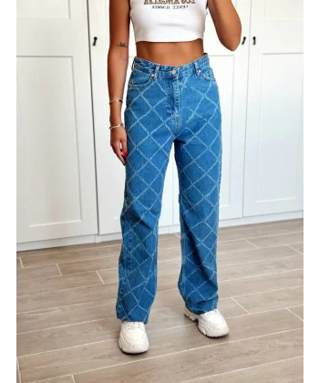 Dikiş Detaylı Yüksel Bel Denim Pantolon Mavi