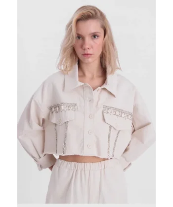 GABARDİN TAŞLI CROP CEKET EKRU