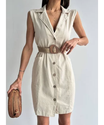 KEMERLİ KOLSUZ KETEN ELBİSE EKRU