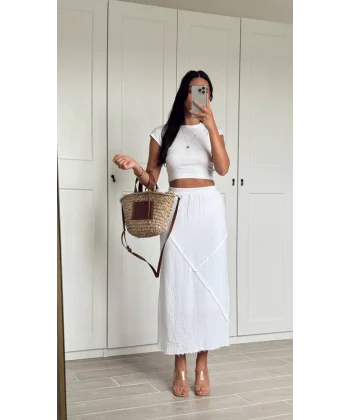MİDİ BOY ASTARLI KETEN ETEK BEYAZ