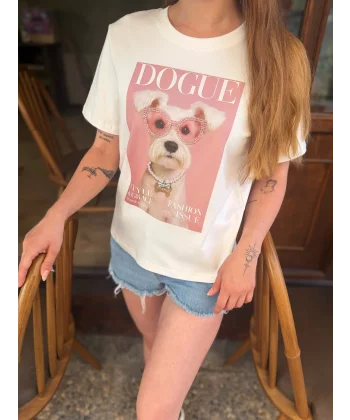 Önü Boncuk Nakış Detaylı Dogue Yazılı Beyaz Tshirt