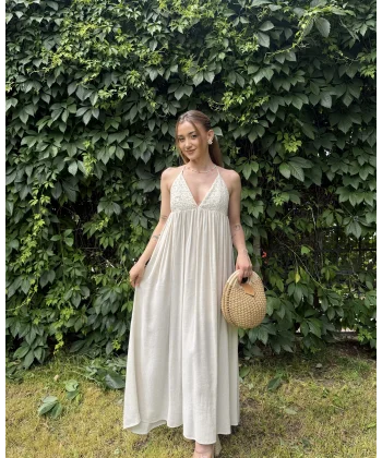 Örgü Detaylı Maxi Boy Keten Elbise-Natural