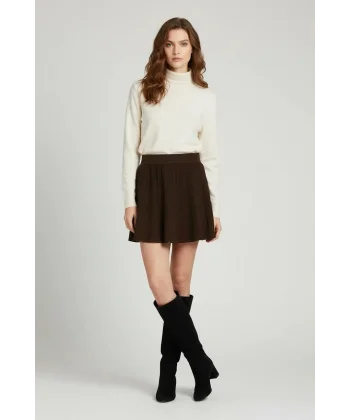 Pile Detaylı Beli Lastikli Mini Şort Etek Kahverengi