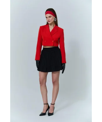 Pile Detaylı Beli Lastikli Mini Şort Etek Siyah