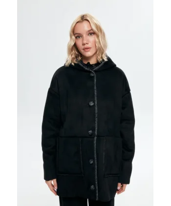 PREMİUM İÇİ KÜRKLÜ KAPÜŞONLU SİYAH KABAN