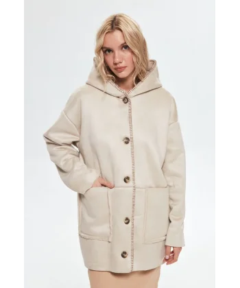 PREMİUM İÇİ KÜRKLÜ KAPÜŞONLU TAŞ RENK KABAN