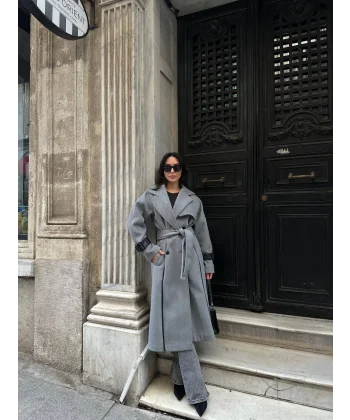 Premium Seri Deri Kol Kemerli Yün Kaban-Gri