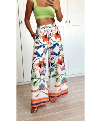 RenkLi Desenli Geniş Paça Pantolon Turuncu