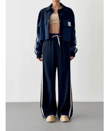 Şerit Yazı Detaylı Yüksek Bel Pantolon Lacivert