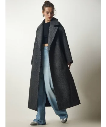 SİYAH BAGLAMALI OVERSİZE YÜN KABAN