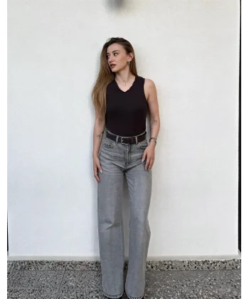Taşlı Gri Pantolon Model: Wide leg & yüksek bel