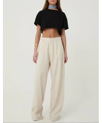 Yüksek Bel Palazzo Keten Pantolon Naturel