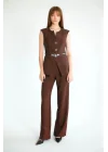 Pul İşlemeli Kemerli Yelek Pantolon Takım-Kahve