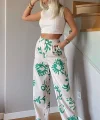 Yeşil Çiçek Desenli Krem Palazzo Keten Pantolon