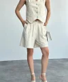 Ekru Keten Şort Yelek Takım