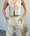 Ekru Keten Pantolon Yelek Takım
