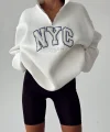NYC Baskılı Fermuarlı Beyaz Sweatshirt