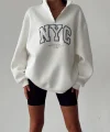 NYC Baskılı Fermuarlı Beyaz Sweatshirt