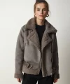 PELUŞ YAKA KEMERLİ GRİ NUBUK BİKER CEKET